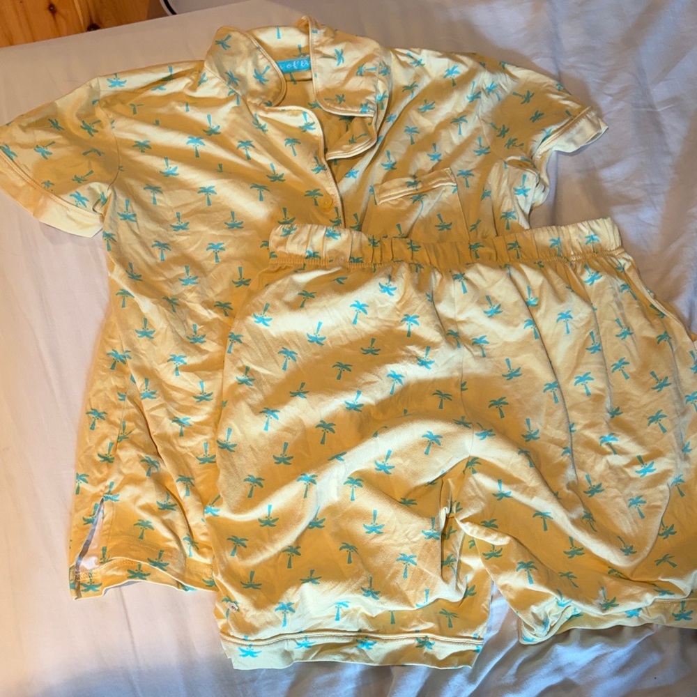 Muk Luks Yellow and Blue Palm Print Pajama Set